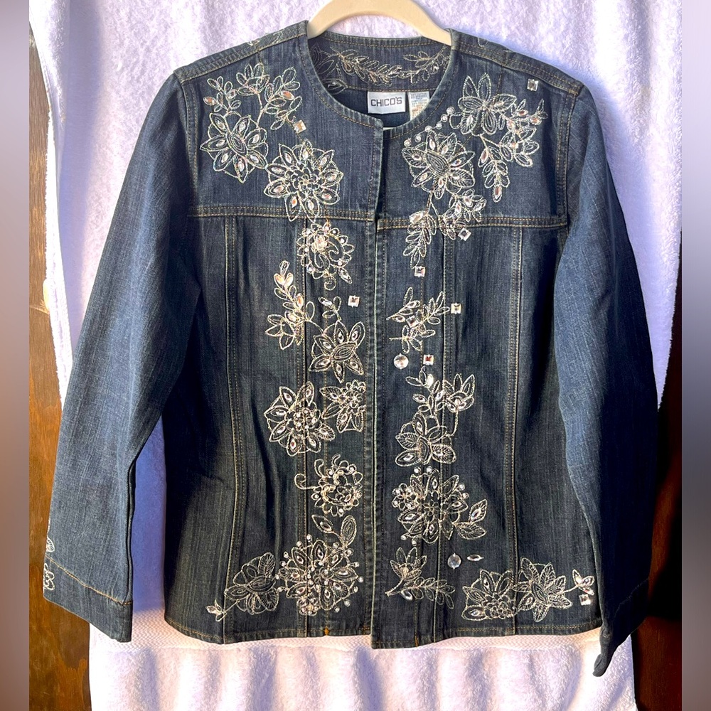 Chico’s Starstruck Deco JKT DNM Pacific Blue; NWT; M/8
